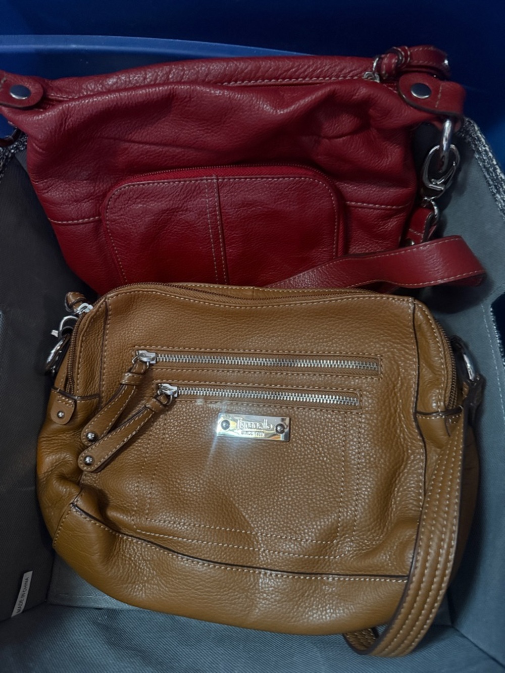 Red Leather Shoulder Bag & Tan Pebbled Crossbody Set
